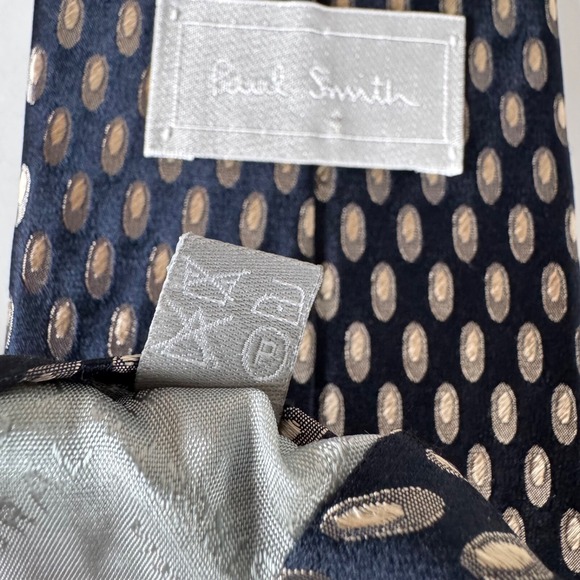 Paul Smith Tie Silk Made in England Navy Blue Metallic Champagne Oval Geometric - Picture 9 of 11